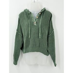 Natural Reflections Cropped Waffle Knit Sweater Henley Hoodie Womens sz M preppy